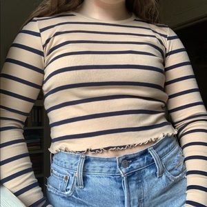 Topshop Beige and Navy Striped Long Sleeve Top